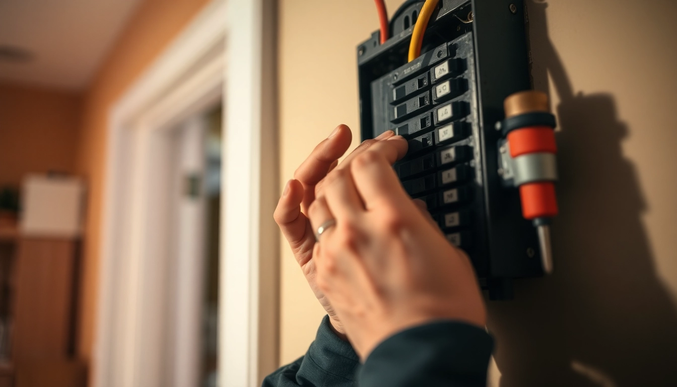 Electrician Notdienst: Professional electrician servicing a circuit breaker in a home environment.