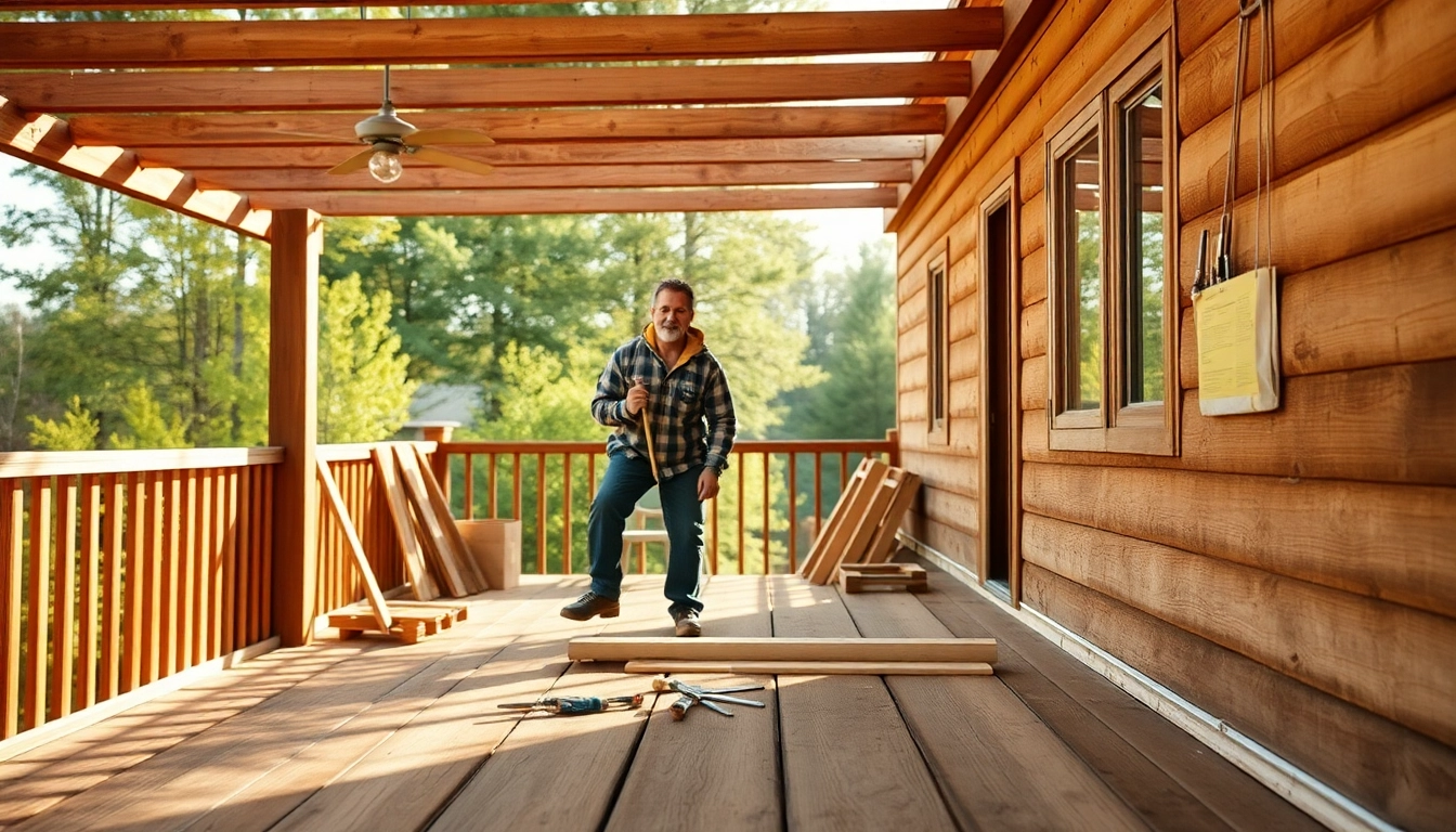 Showcase deck construction process with a skilled carpenter crafting a beautiful wooden deck under natural light.