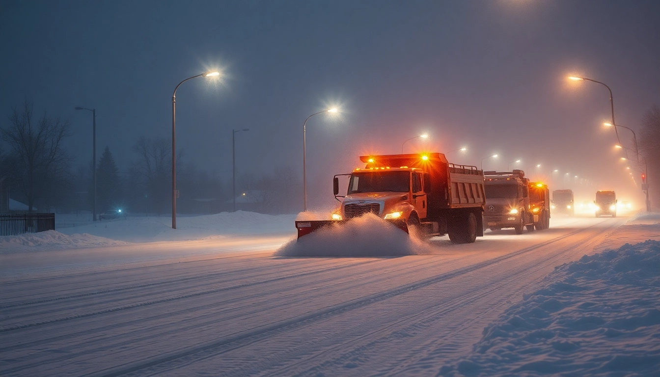 Snow plowing activity clearing a snow-covered driveway efficiently with a snow removal truck.