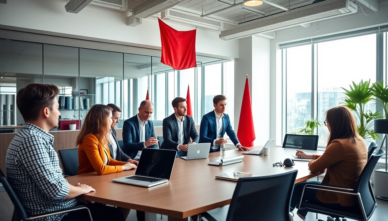 Entrepreneurs discussing business plans for Polonya'da Şirket Açmak in a modern office setting.