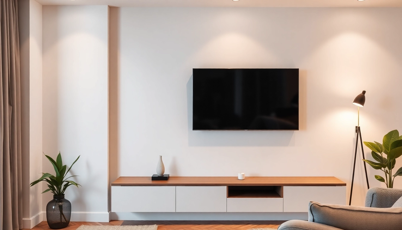 Expert technician providing TV mounting installation service in a stylish living room.