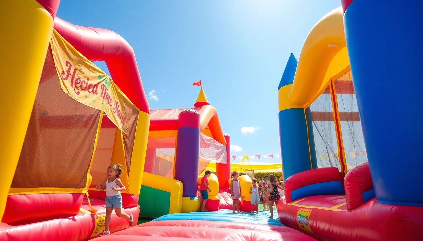 Bounce house rental near me featuring vibrant inflatables for outdoor parties and events.