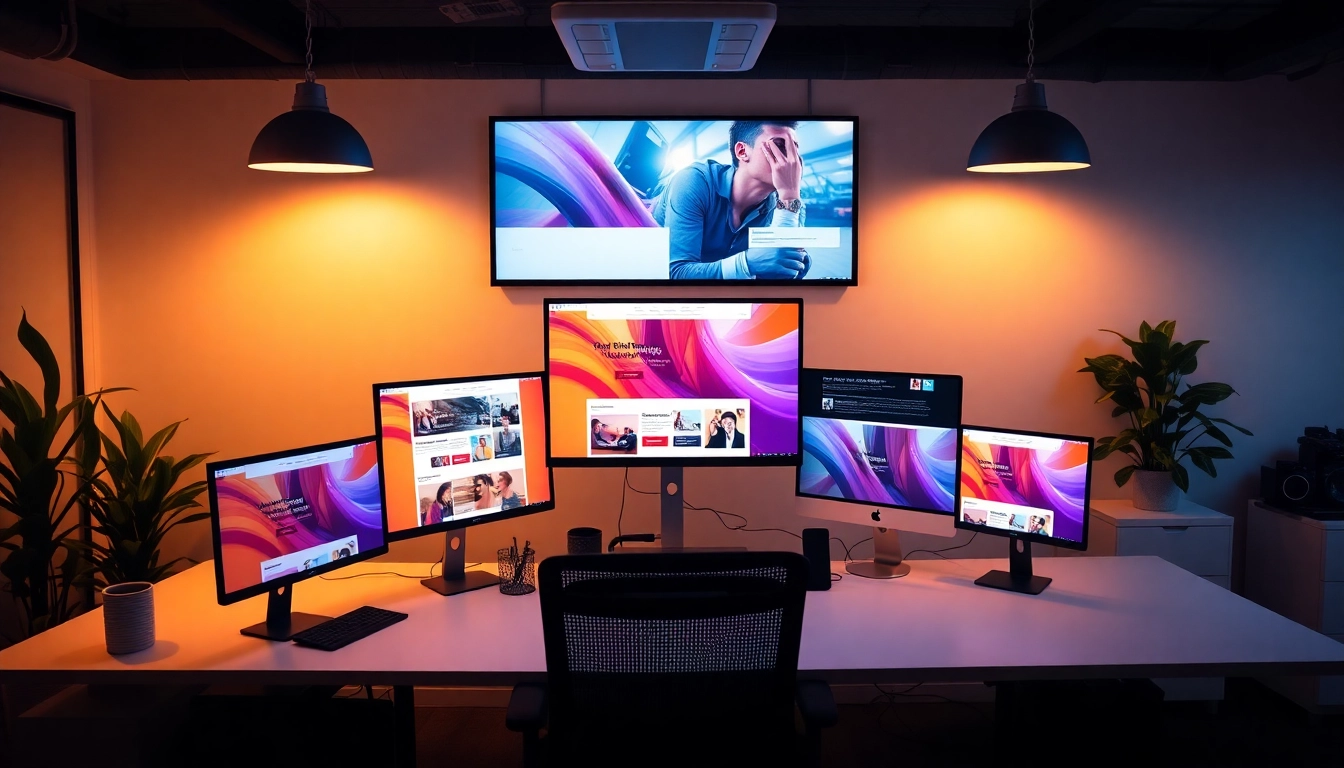 Showcasing professional website design Manchester in a modern office setup with vibrant monitors.