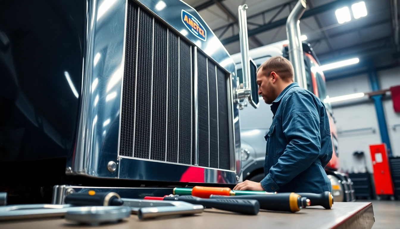 Expert technician performing radiator and air conditioning repair for trucks in a bright workshop.