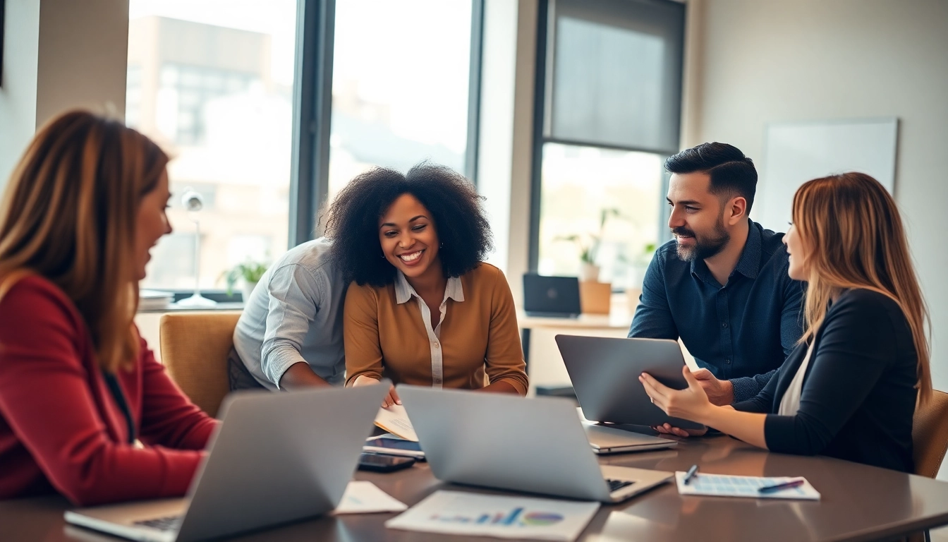 Discussing payroll solutions in a vibrant office setting with a diverse team collaborating.