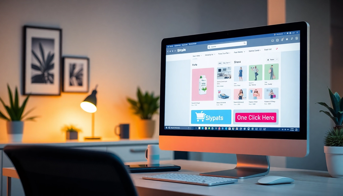 Engage with the seamless shopping experience by clicking 1click here, featured in a vibrant workspace.