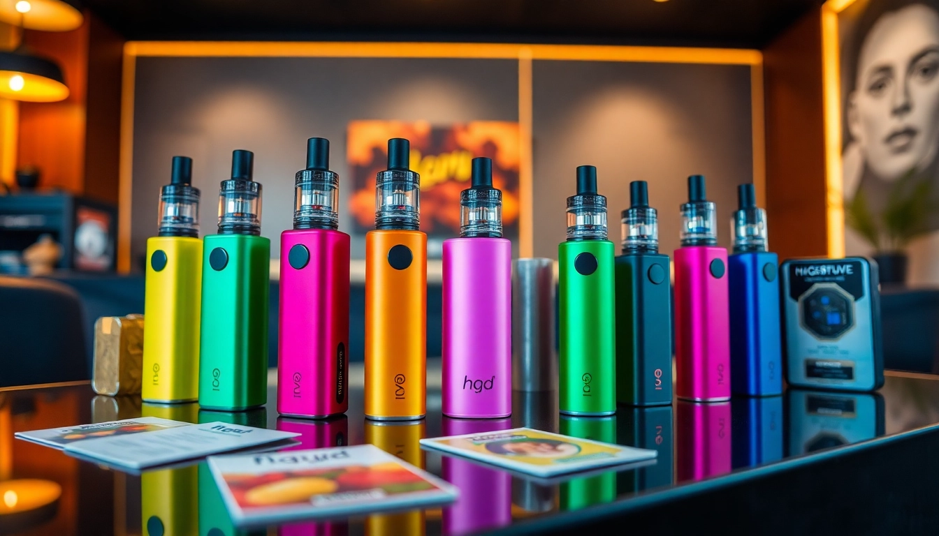 Buy HQD Surv vaping products with a vibrant display of flavors and sleek design in the background.