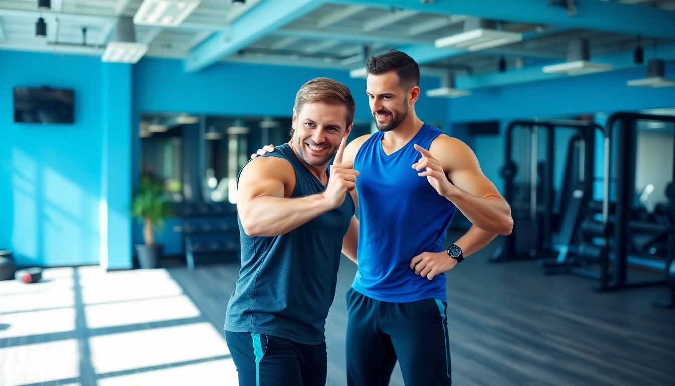 Effective Personal Trainer coaching a client through an exercise in a motivational gym setting.