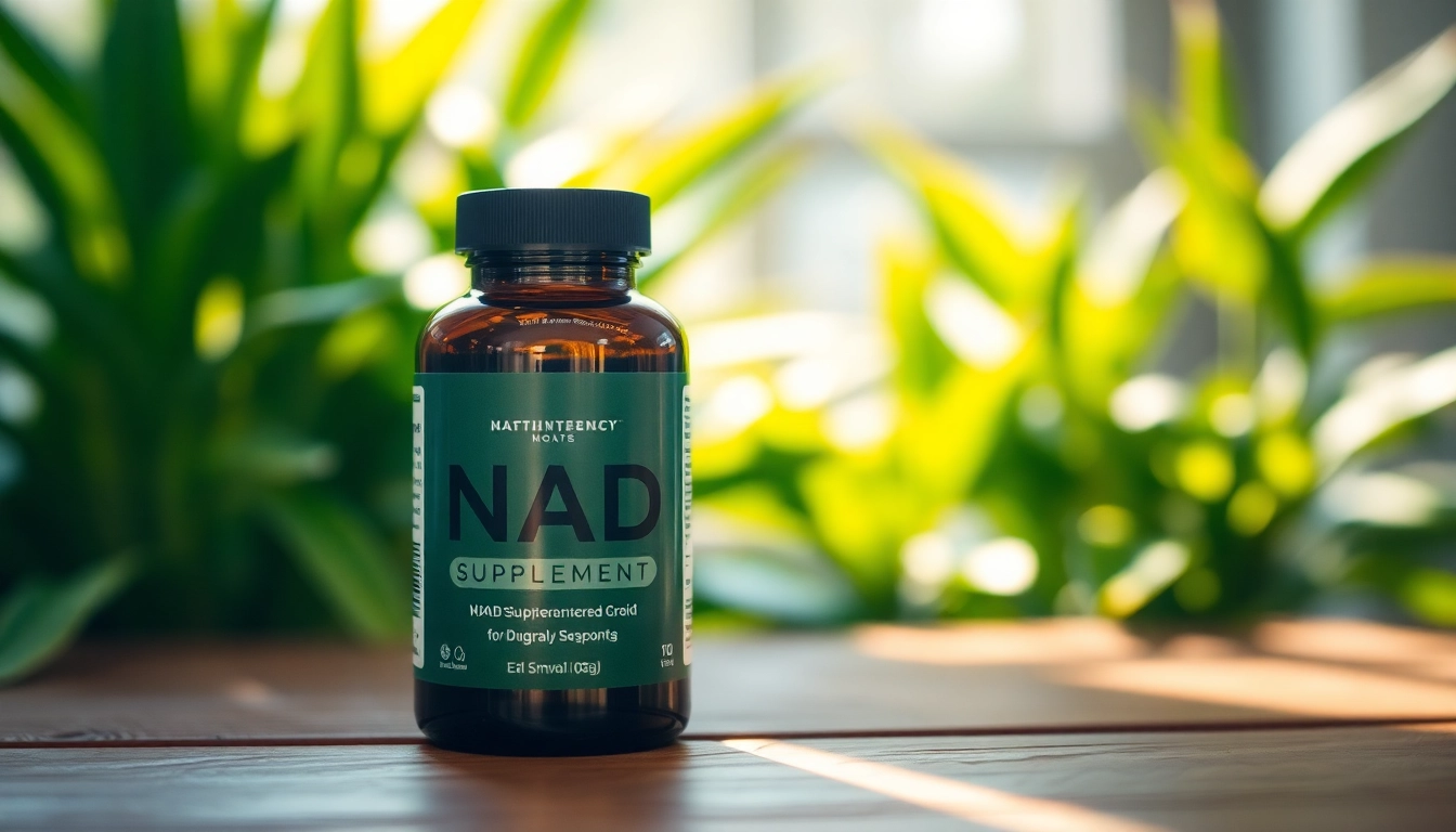 Showcasing a bottle of NAD Supplement among greenery, emphasizing health and wellness.