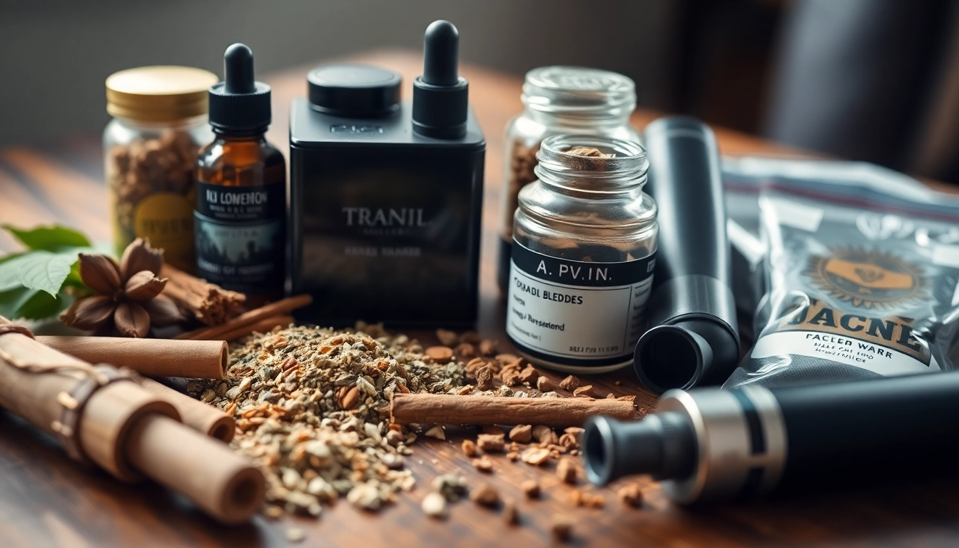 Tobacco Replacement options displayed on a wooden table, showcasing herbal blends and vaping devices.