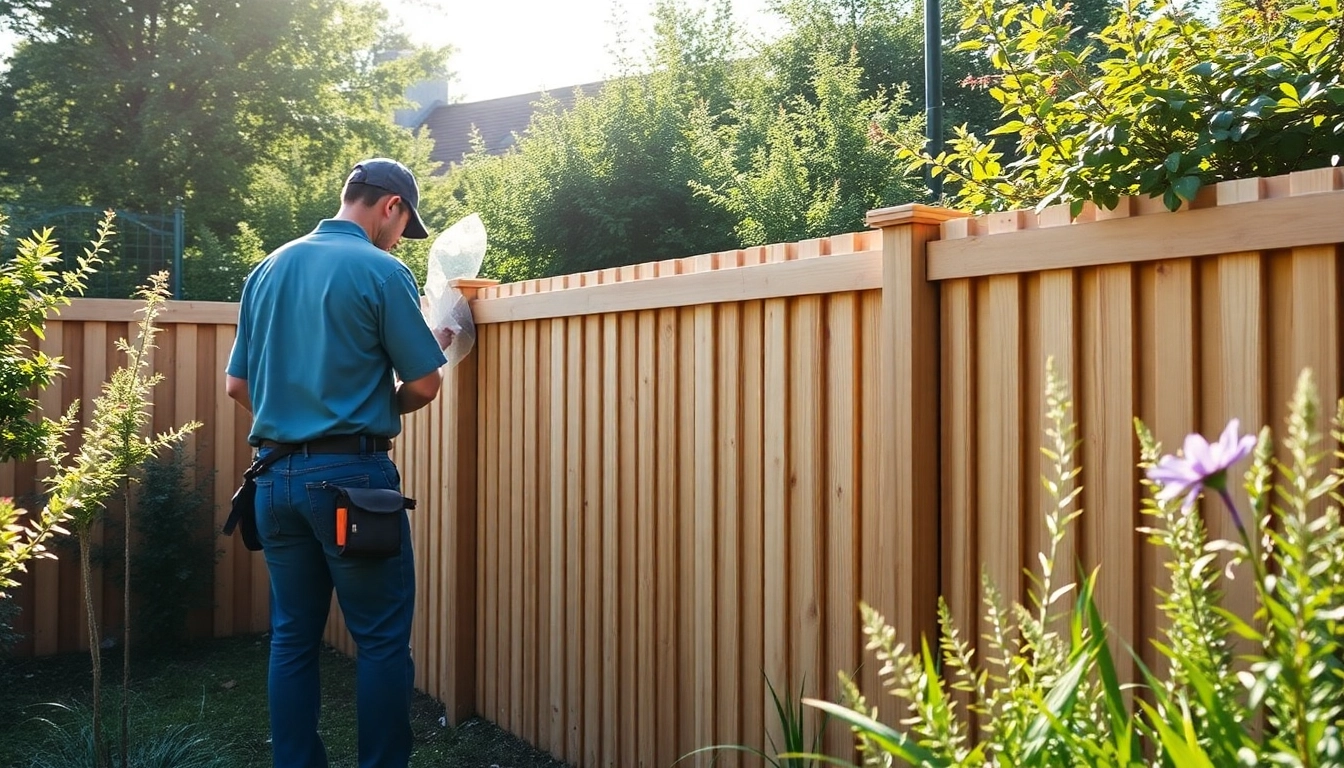 Fencing companies Manchester installing a beautiful wooden fence in a lush garden.