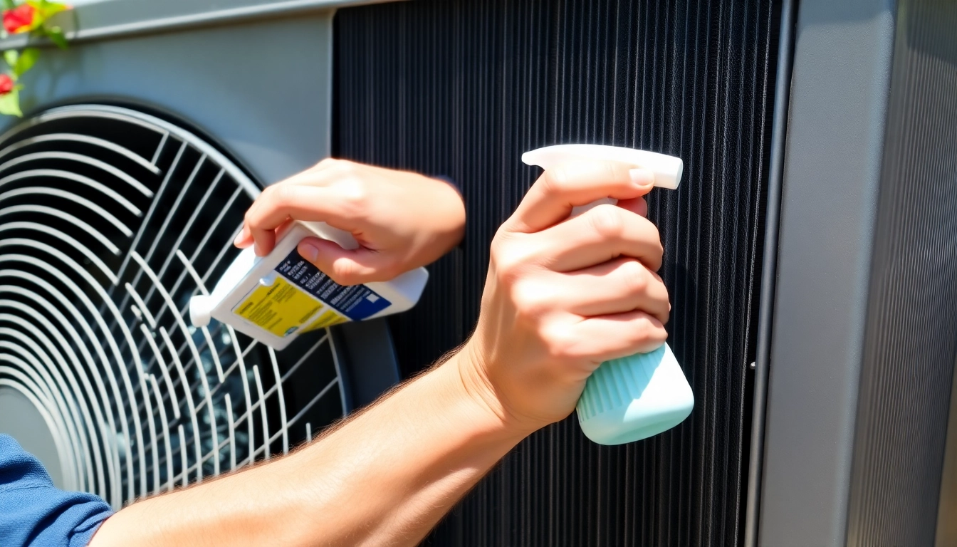 Cleaning air conditioner condenser coils with foaming cleaner to ensure optimal efficiency.