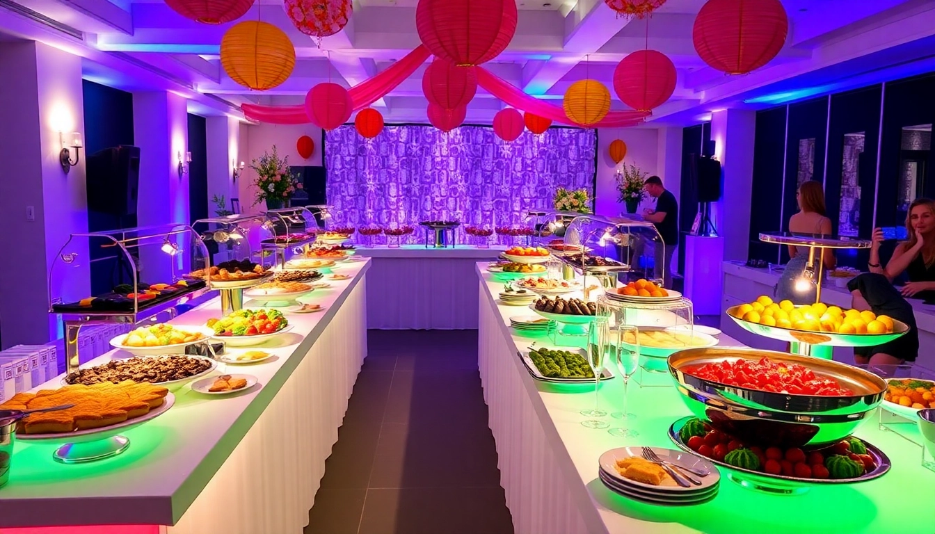 Delicious buffet from Partyservice Berlin featuring colorful dishes and elegant tableware for an inviting event.