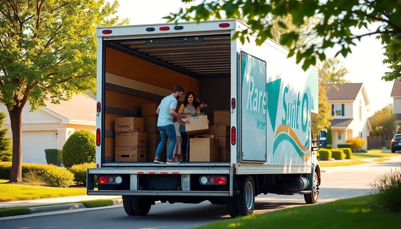 Efficient Umzug Fürth: Family loading their belongings into a cheerful moving truck in a sunny area.