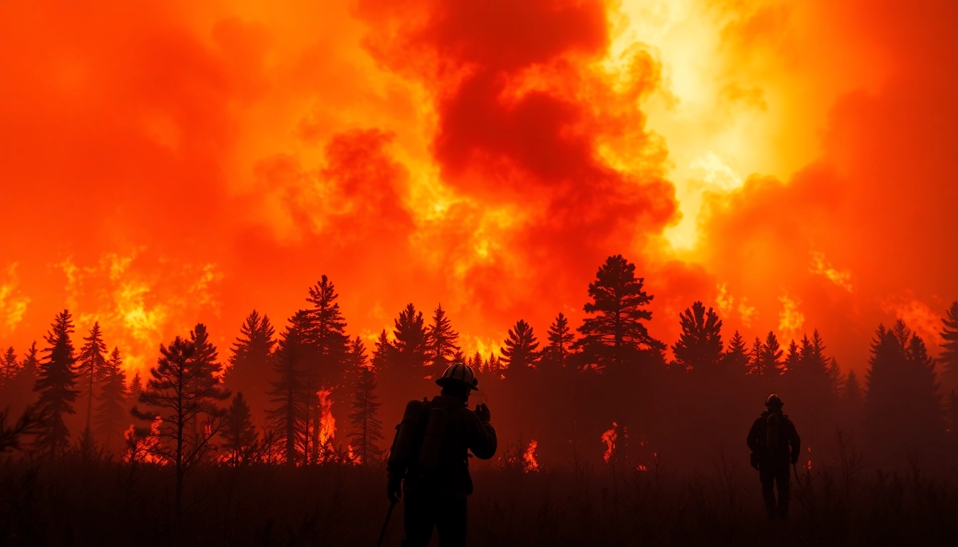 Firefighters combat wildfire events in a dramatic blaze engulfing a forest, showcasing heroism and urgency.