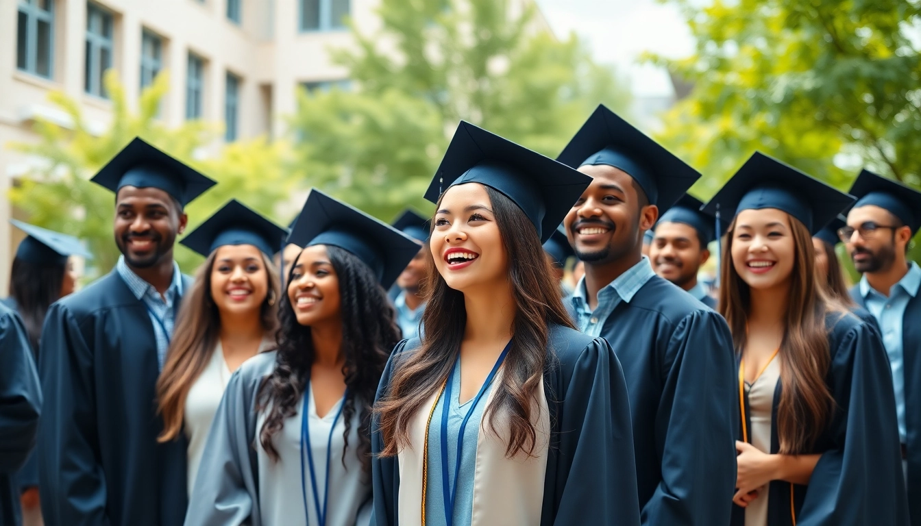 Graduates proudly displaying their original UK degrees in a joyful university courtyard.