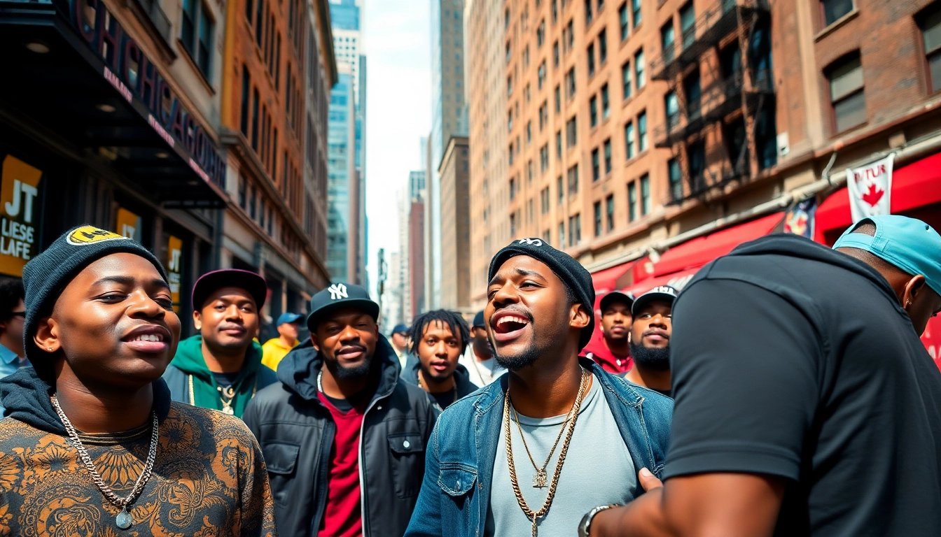 Capturing the energy of rap culture in Chicago with live street performers and urban architecture.