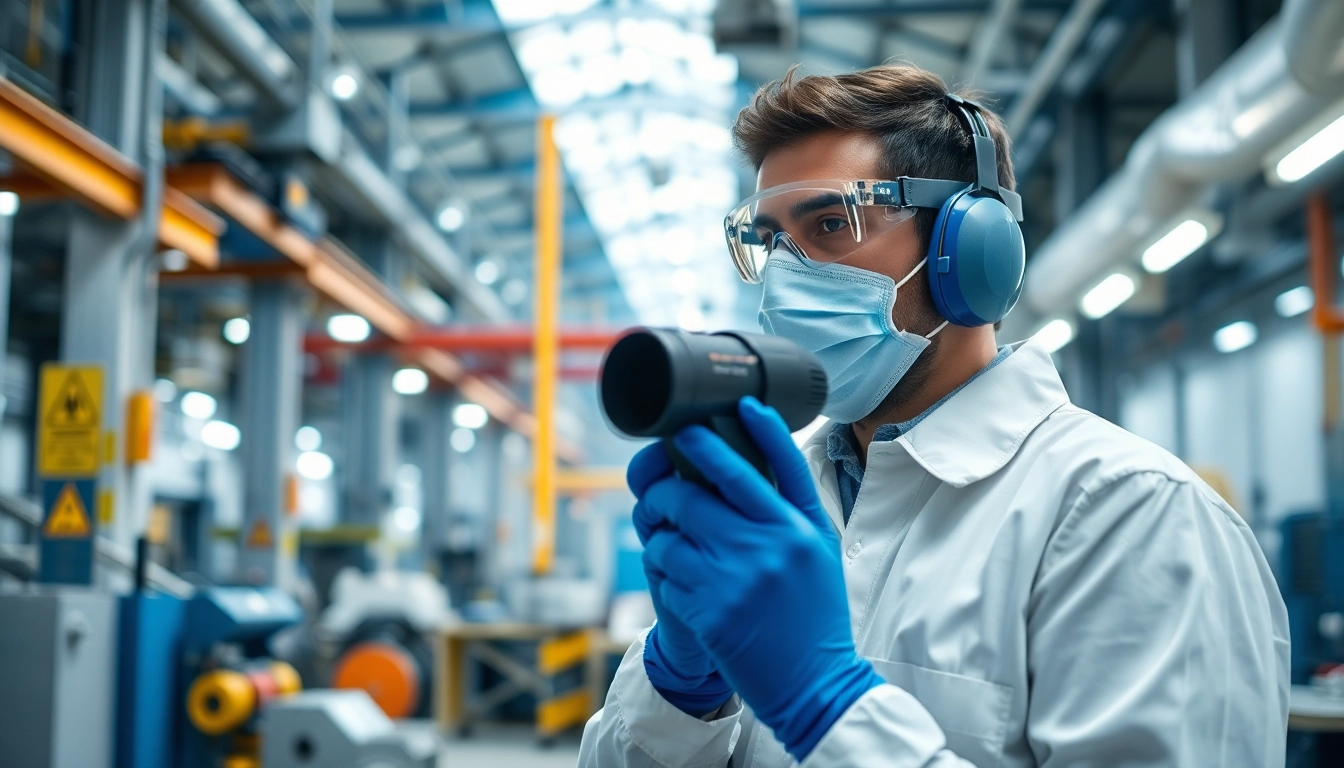 Assessing air quality with Industrial Hygiene Services at a modern factory by a certified hygienist.
