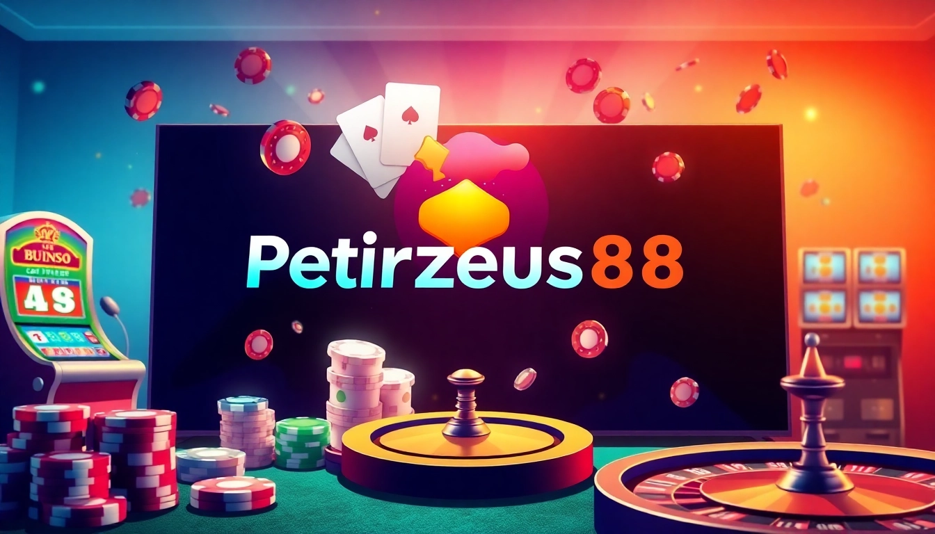 Join the thrilling world of Petirzeus88 with vibrant online gaming visuals featuring poker and slots.