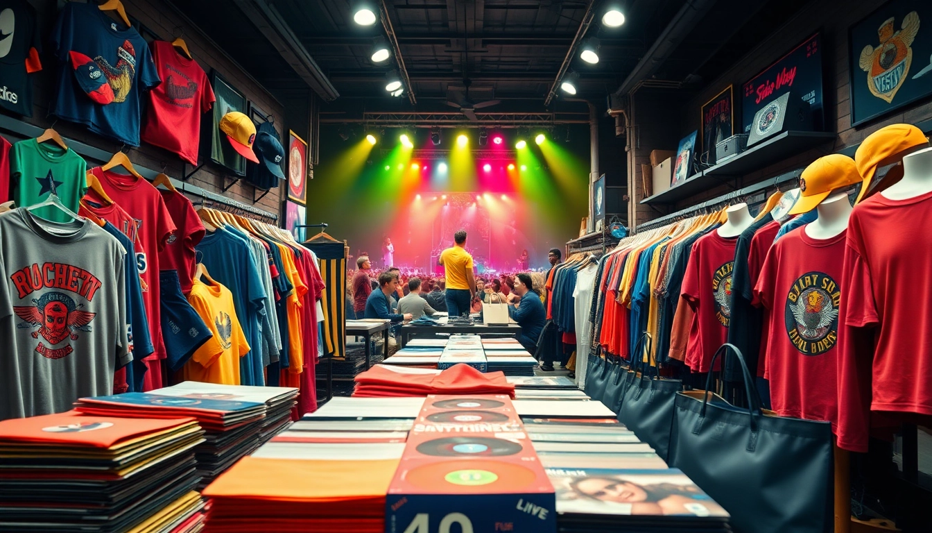 Showcase vibrant merchandise featuring stylish clothing and accessories for music fans.