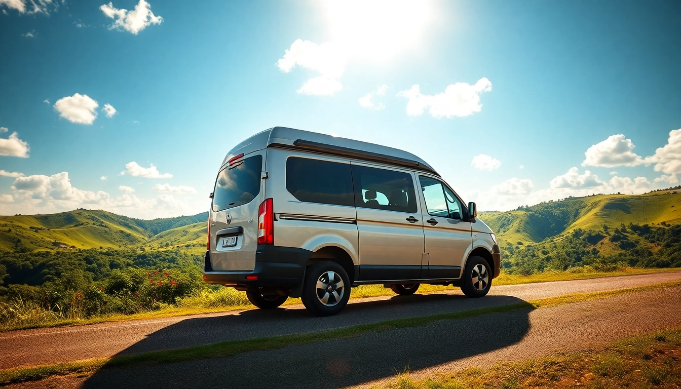 Explore the features of the perfect campervan set against a scenic hill backdrop.
