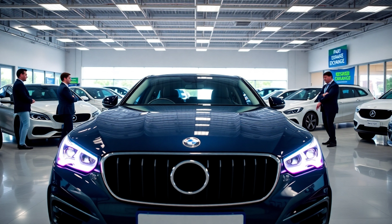 Engaging scene of a car dealership promoting Part Exchange offers to customers.