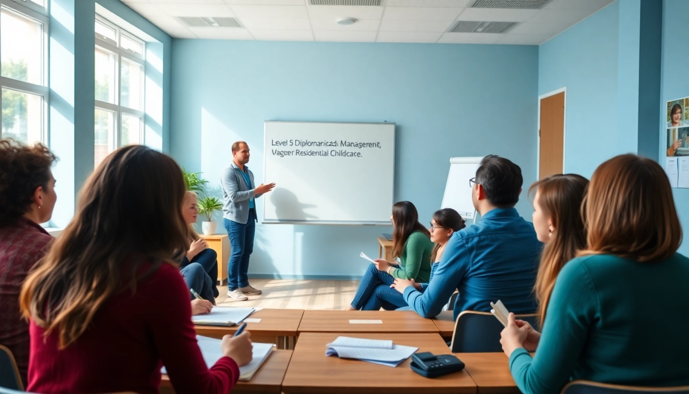 Engaged learners in a leadership training room for level 5 diploma in leadership and management for residential childcare answers.