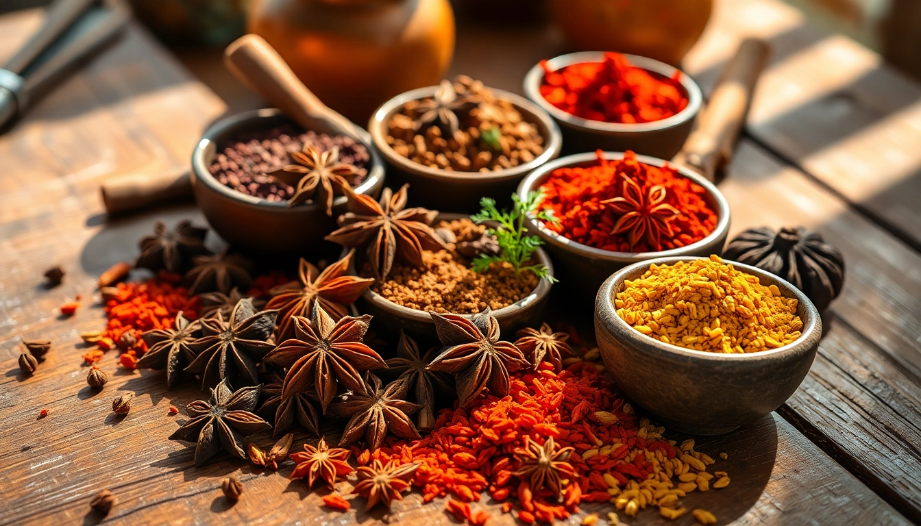 Évocation de l'essence des épices orientales avec étoile d'anis et cumin sur un table rustique.