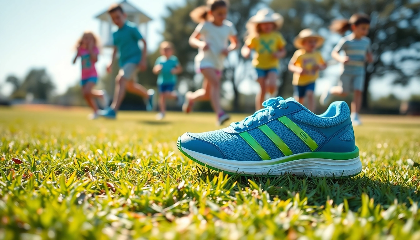 Attraktive Laufschuhe für Kinder, die aktiv beim Spielen und Laufen dargestellt werden.