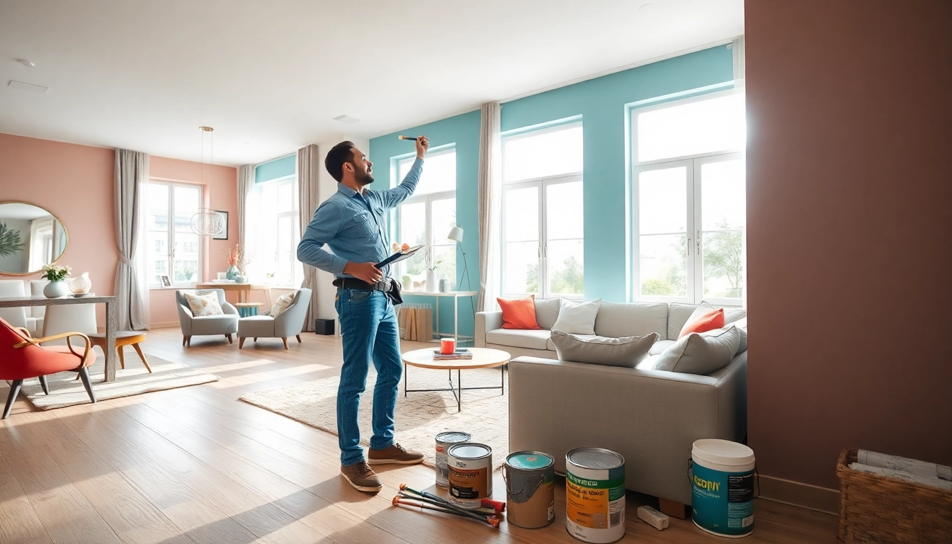 Interior painting in progress, showcasing a professional painter adding vibrant colors to a stylish home interior.