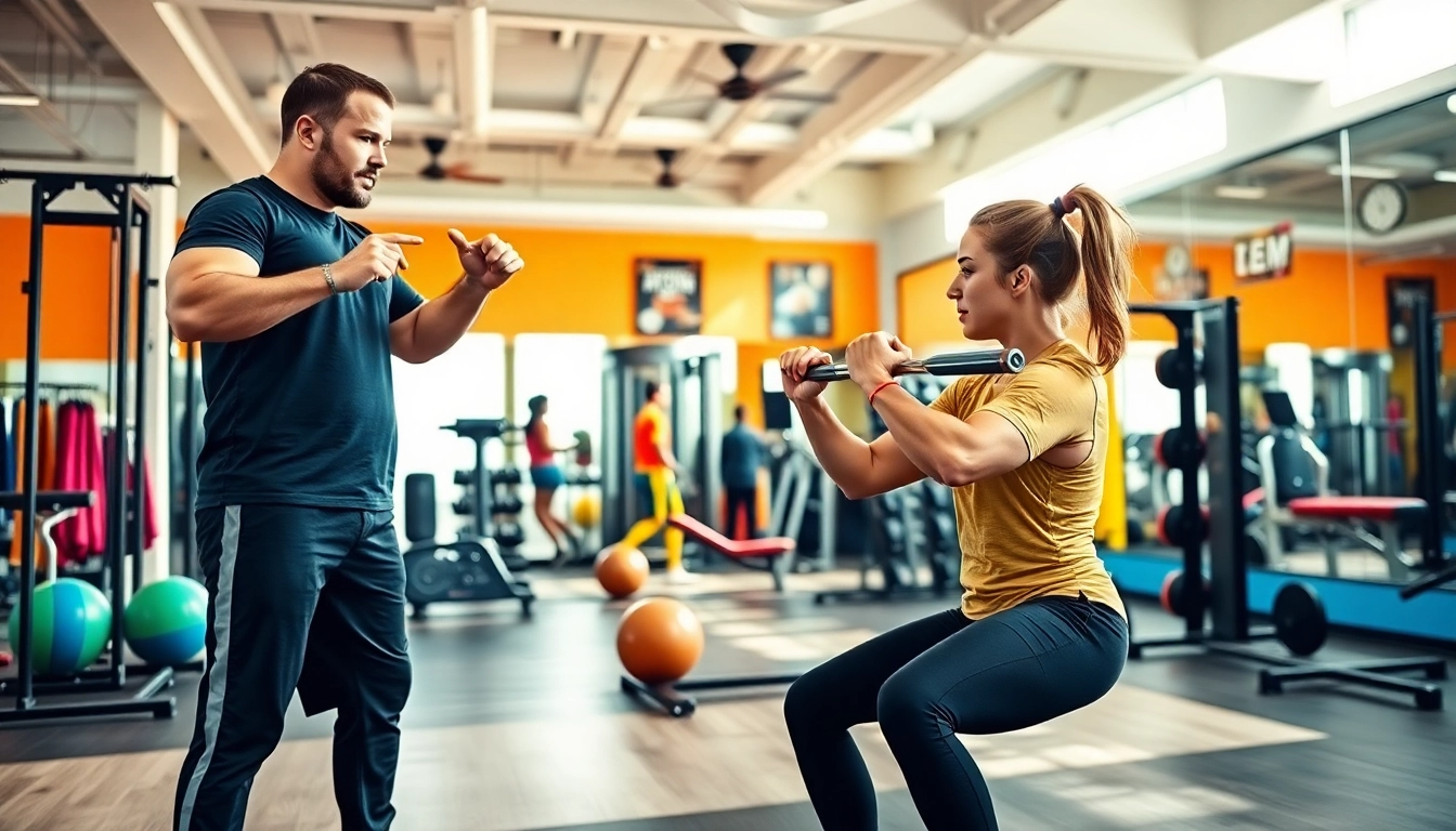 Identifying the best gym near me through an energetic personal trainer guiding a client.