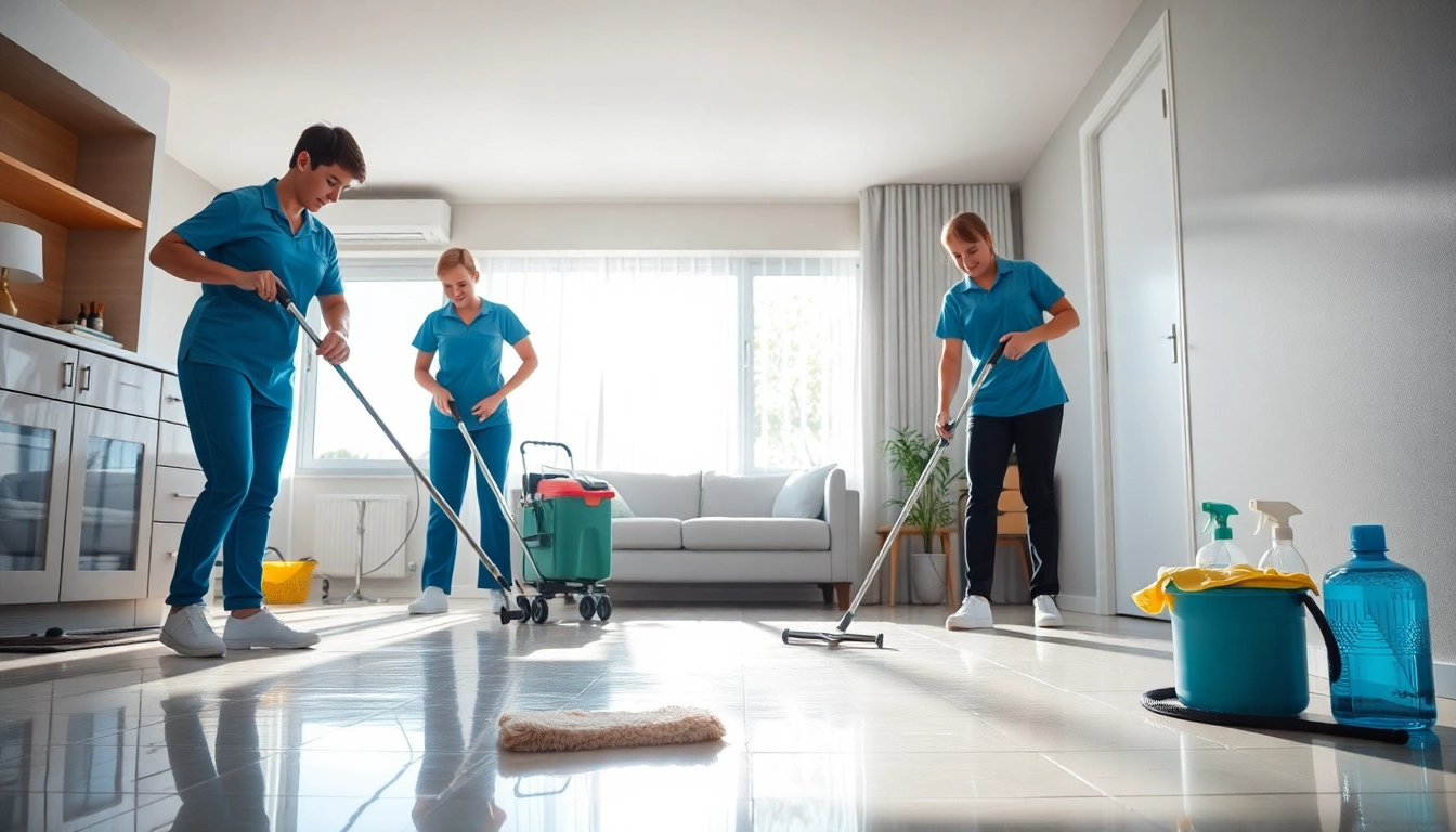 Bond cleaning Brisbane service showing professional cleaners at work in a sunlit apartment.