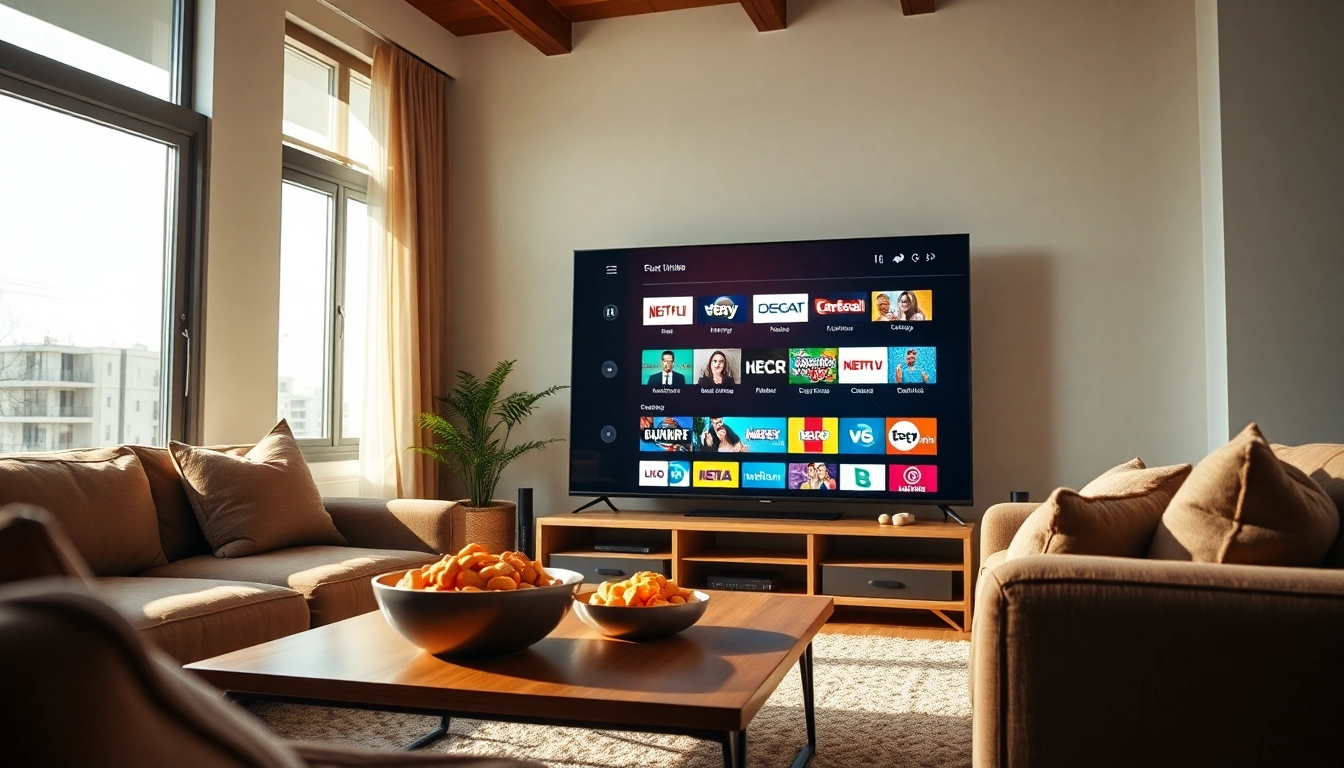 Promote IPTV Subscription USA with a modern living room showcasing vibrant channel options.