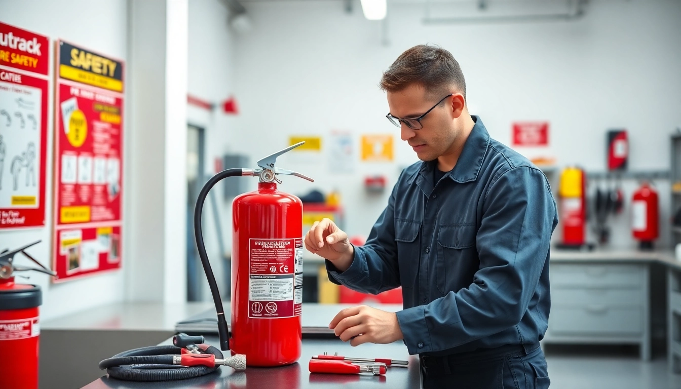 Performing fire extinguisher servicing Cannock in a professional workshop setting with safety gear.