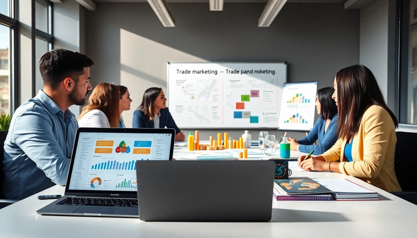Team discussing trade marketing strategies with visual aids in a bright office.