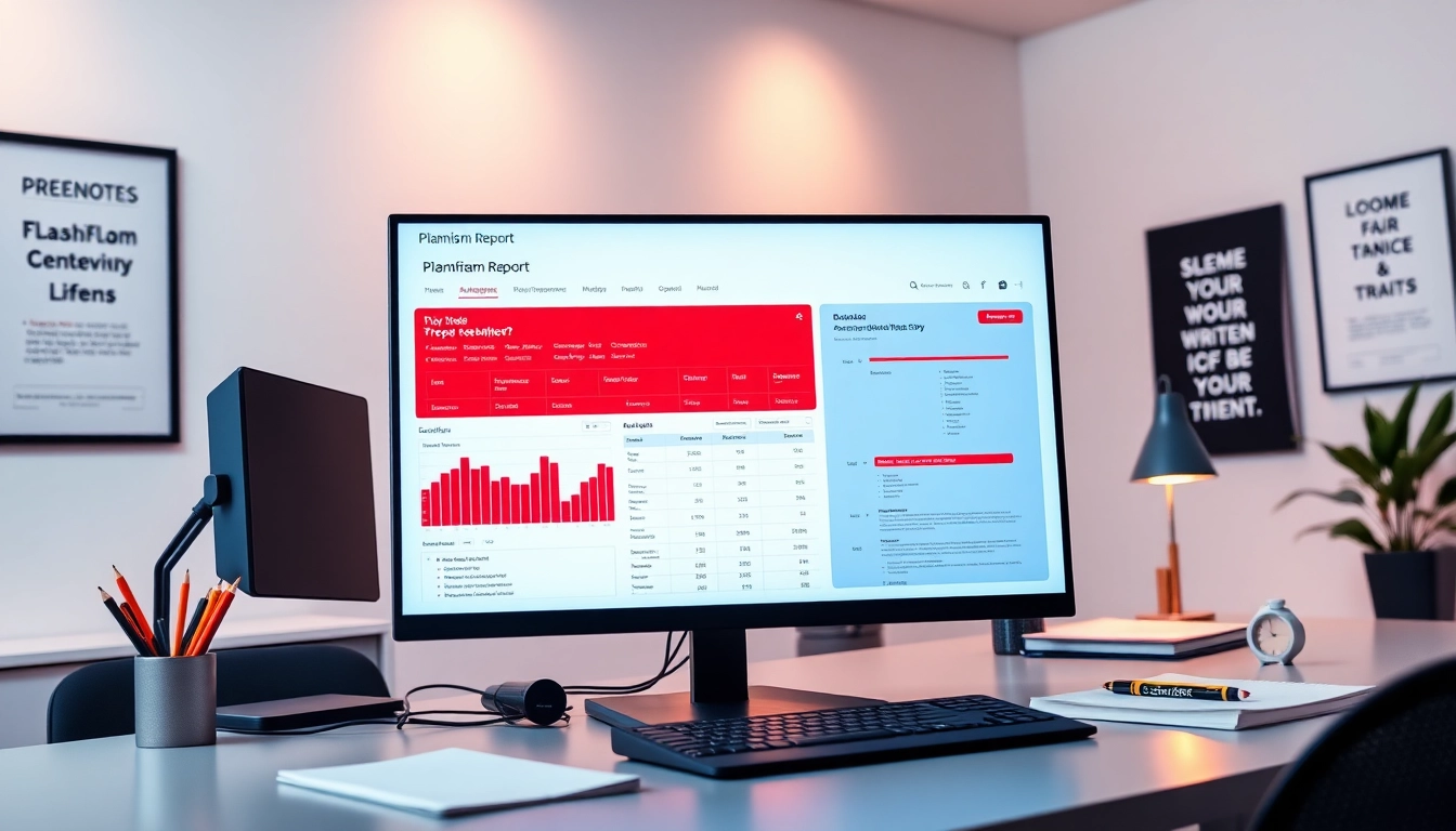 Check a document using a plagiarism detector with highlighted text and analytical graphs.