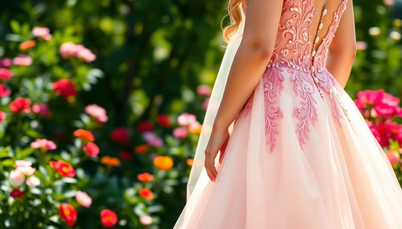 A bride adorned in a stunning coloured wedding dress amidst vibrant garden blossoms.