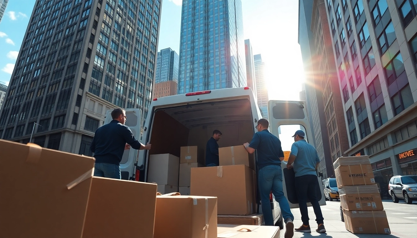 Movers NYC expertly packing items in a vibrant urban setting, showcasing a professional moving service.