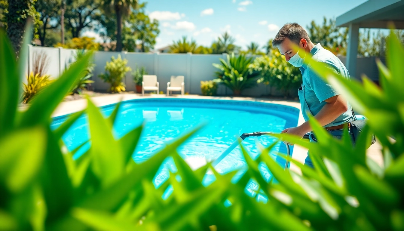 Pool cleaning service near me with a technician cleaning a sparkling blue pool in a backyard.