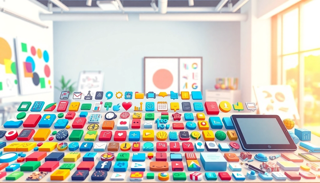 Showcasing various icons in colorful styles on a creative workspace