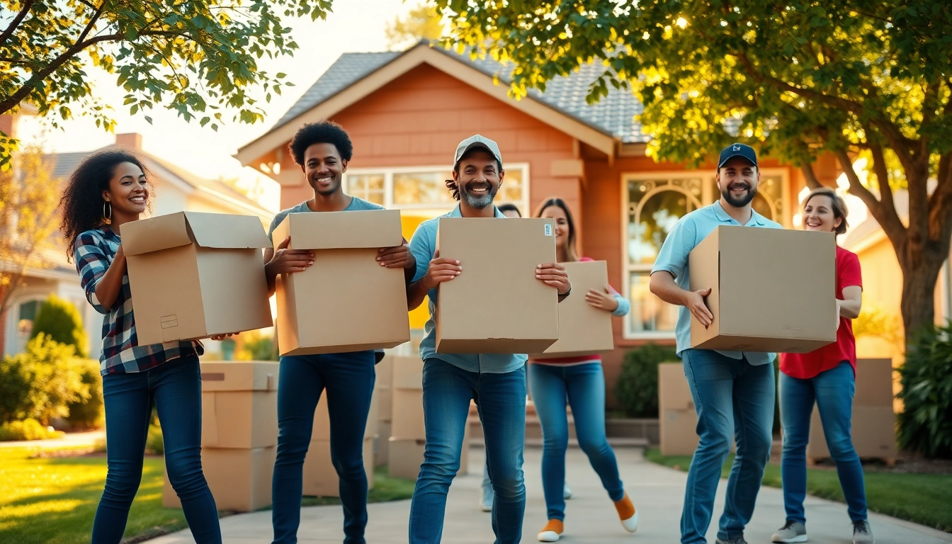 Team coordinating house moves, showcasing energetic collaboration and a cozy suburban backdrop.