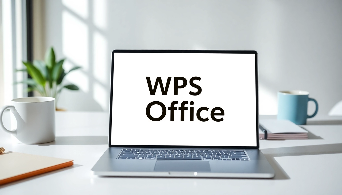 Download WPS Office with an appealing workspace setup, showcasing productivity tools and a modern laptop.