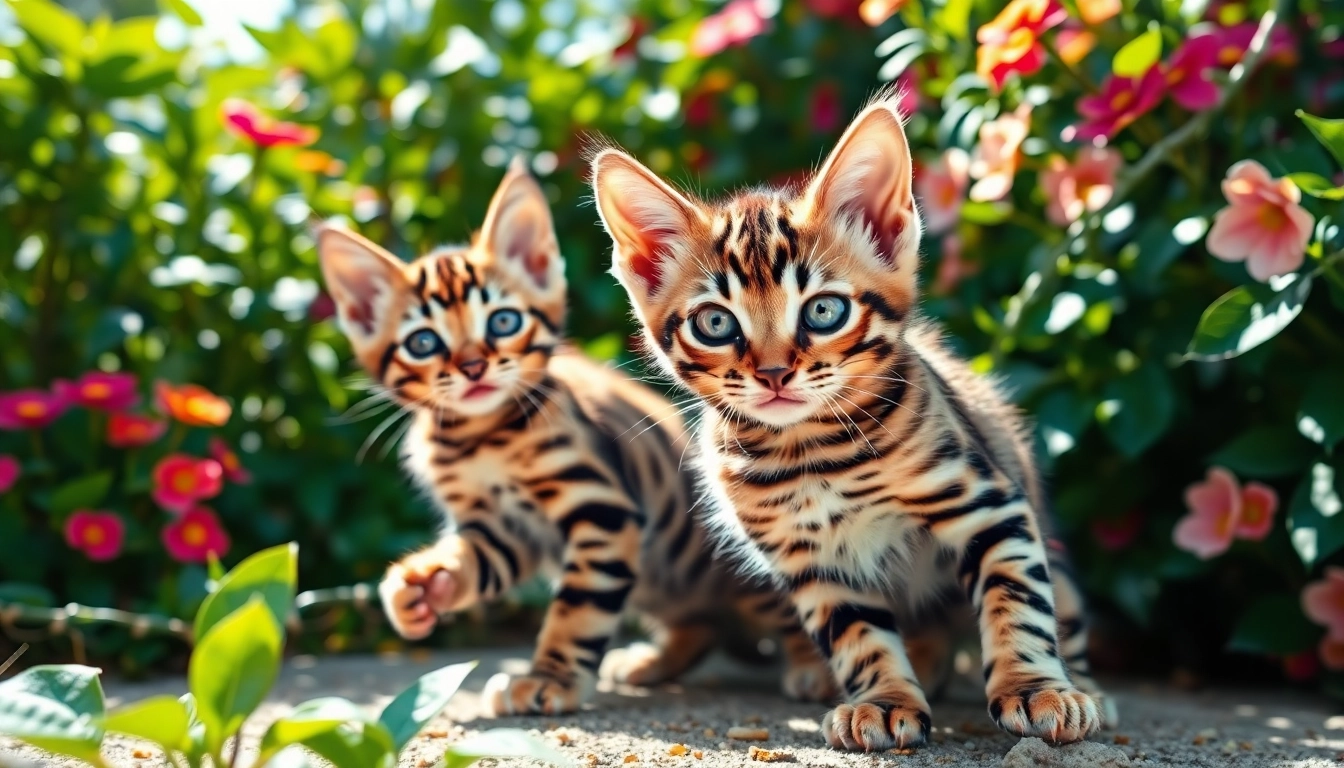 Playful Bengal kittens in a garden, highlighting Bengal Breeders Orange County's charm and beauty.