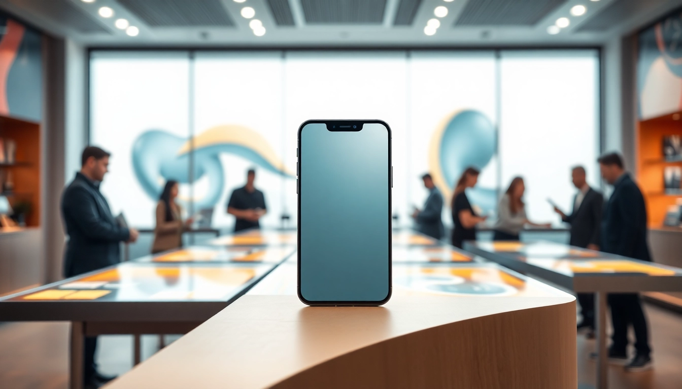 Buy iPhone Pro: Showcasing the new iPhone 16 Pro in a modern store setting with engaging customer interactions.