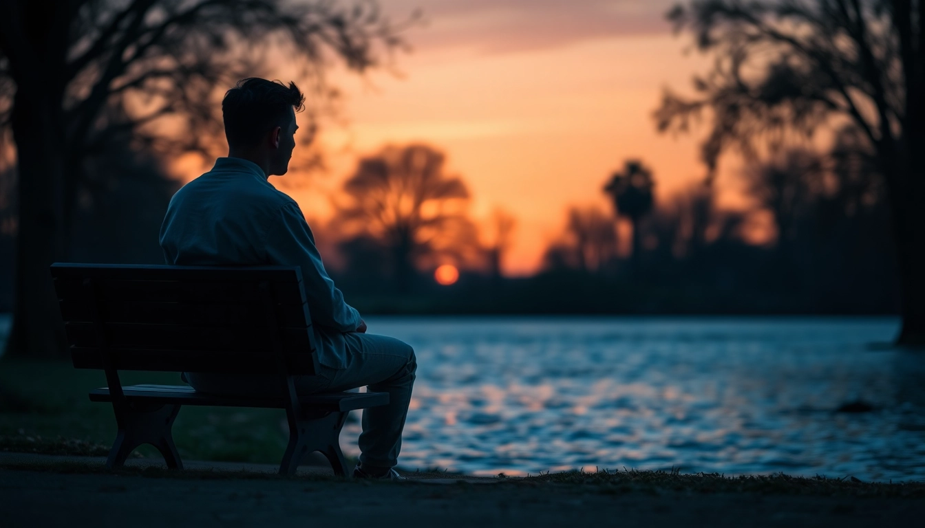 A person reflecting on dealing with grief while sitting by a tranquil lake in a serene park setting.