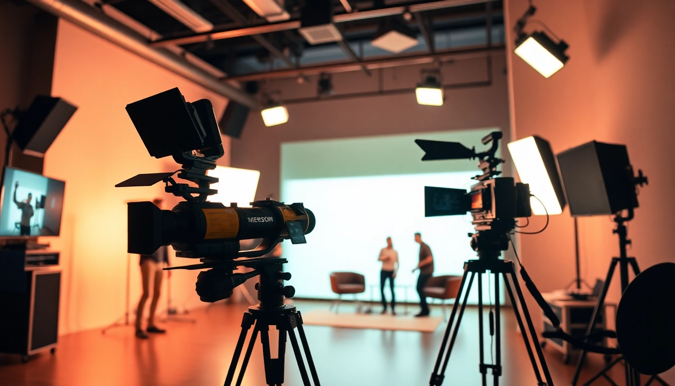 Filmmakers engaged in 영상제작, capturing a lively scene in a vibrant studio environment.