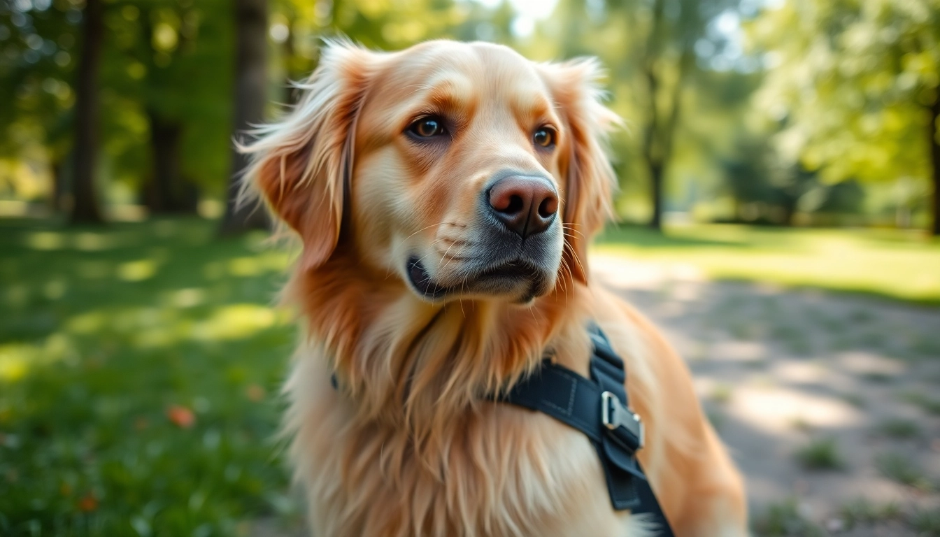 Service dogs for sale displaying a trained golden retriever in a tranquil park.