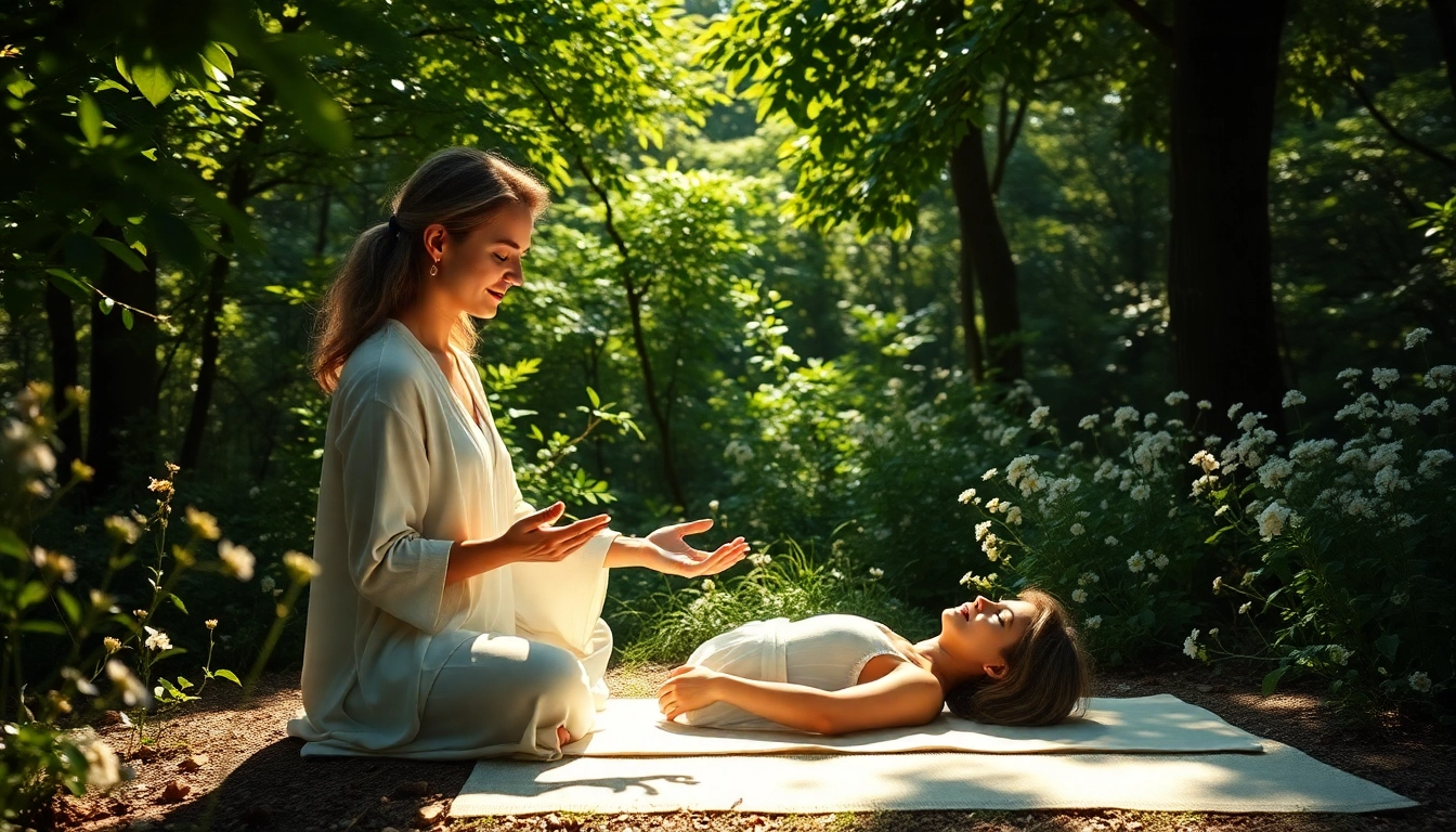 Experience lovehealingexpansion with a healer radiating energy under sunlight in a peaceful forest.