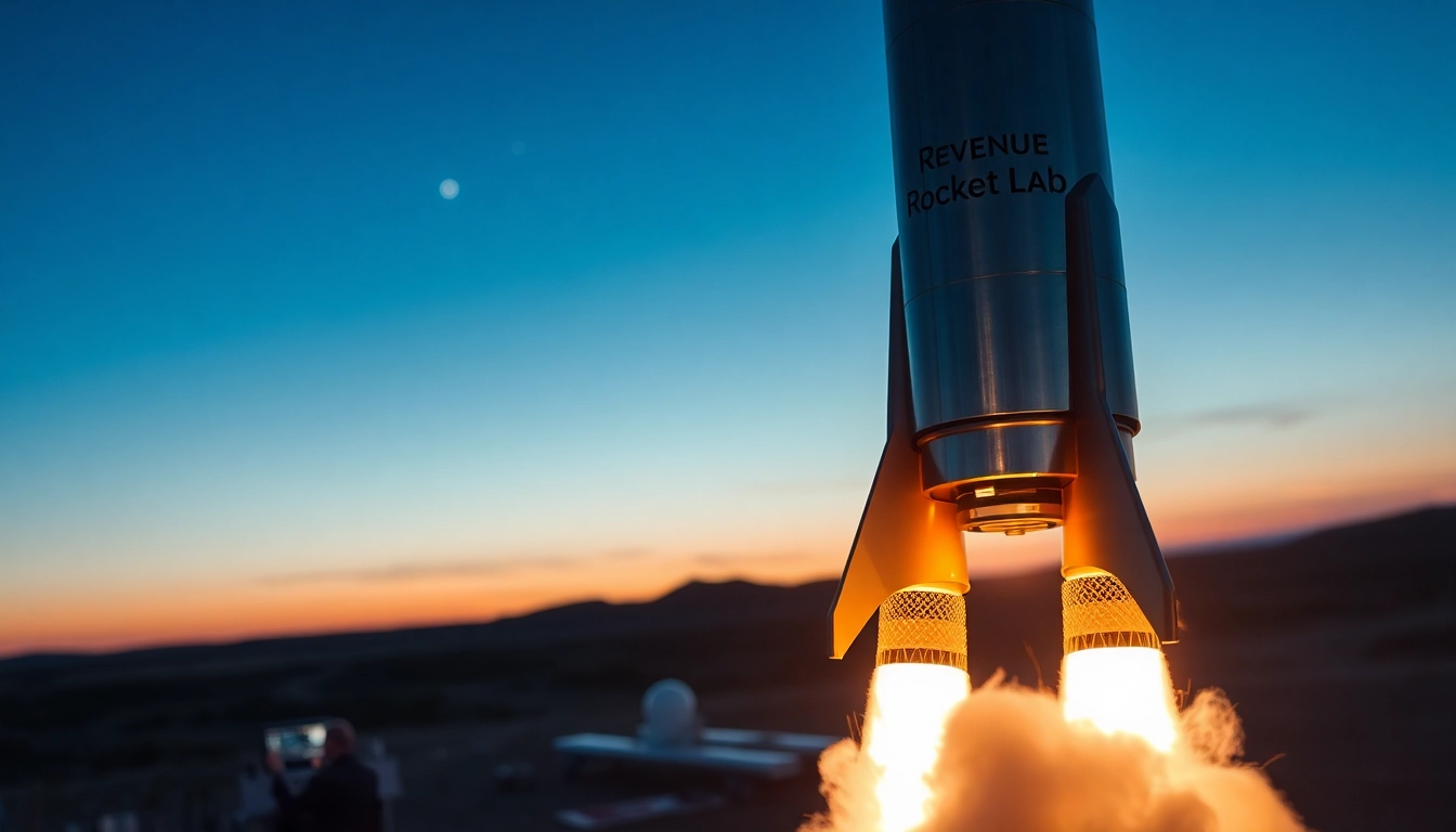 Launch of Revenue Rocket Lab rocket against a twilight sky, showcasing advanced aerospace technology.