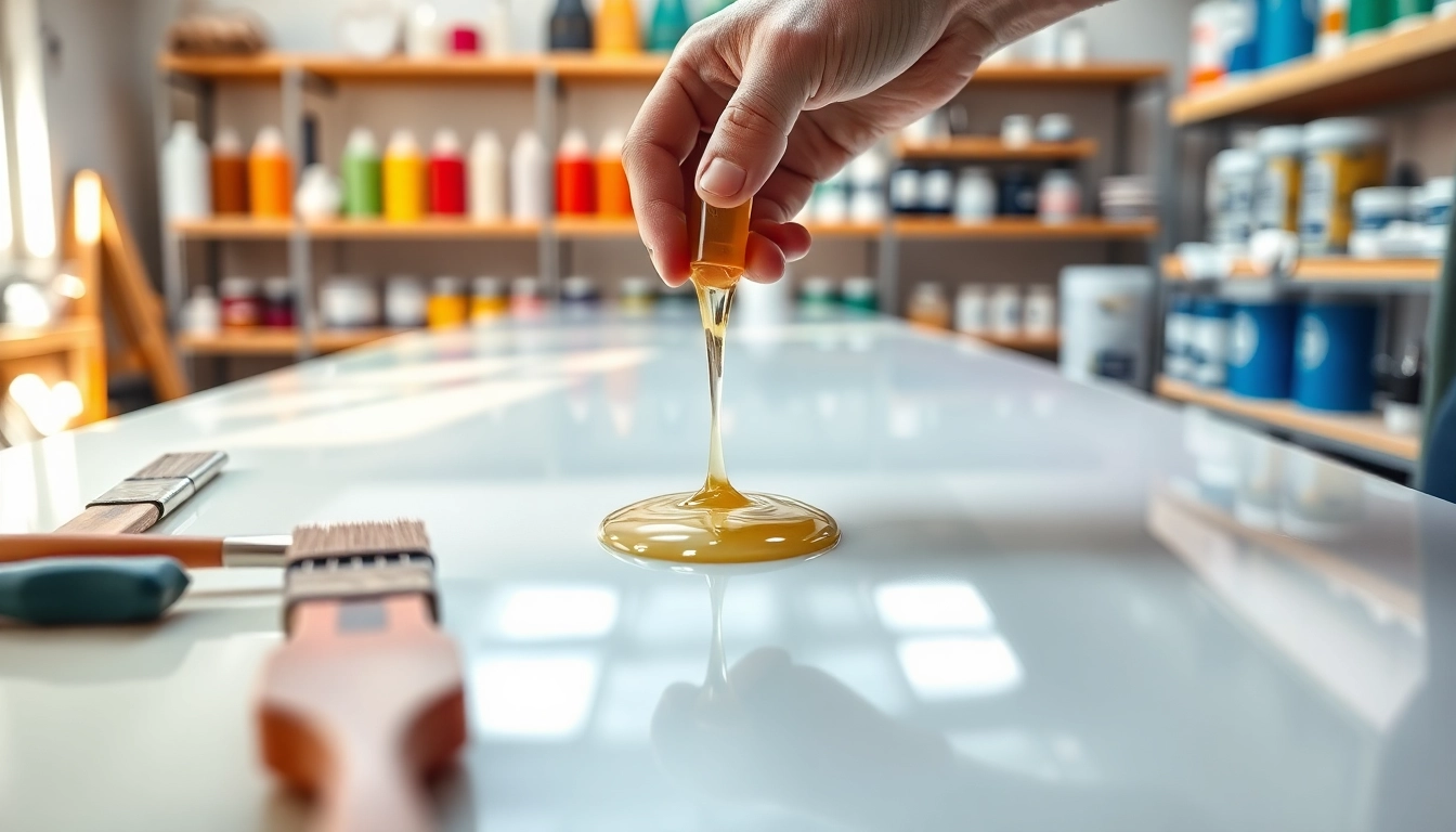 Applying laminating resin to fiberglass in a bright, organized workshop setting.
